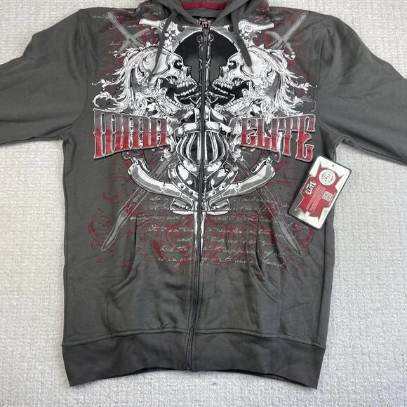 NWT MMA Elite Hoodie Gray Full Zip Up Small Y2K Goth Skull Punk Affliction Style - Picture 11 of 16